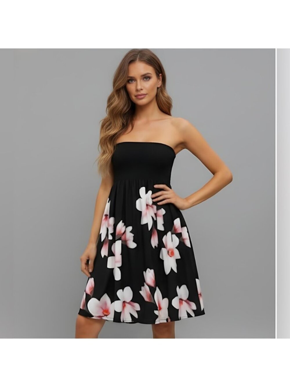 Floral Print Shirred Strapless Dress